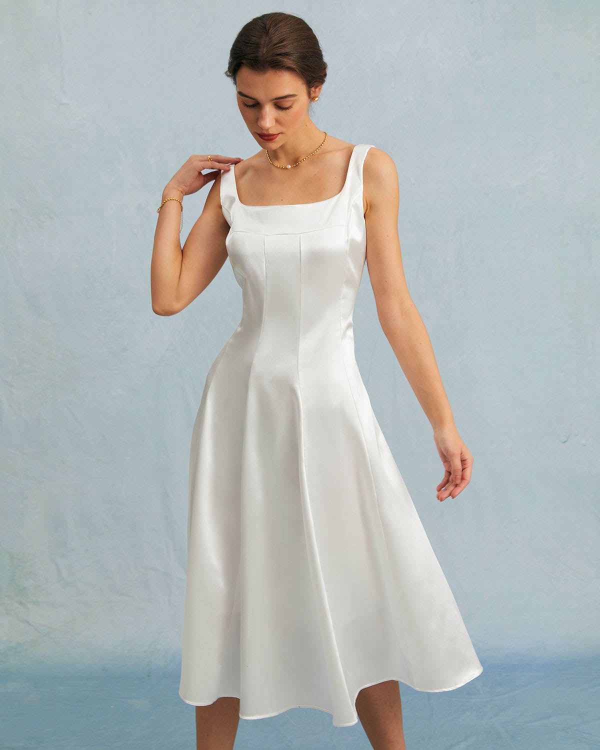 The White U Neck Pleated A-Line Satin Midi Dress sold by rihoas