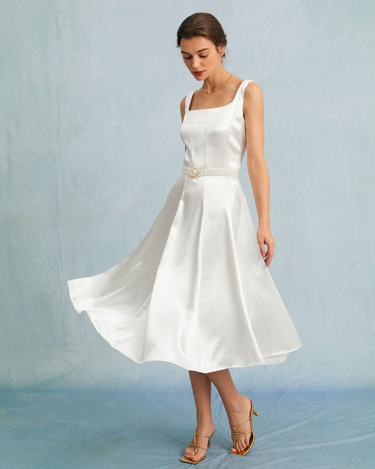 The White U Neck Pleated A-Line Satin Midi Dress sold by rihoas product image thumbnail 5