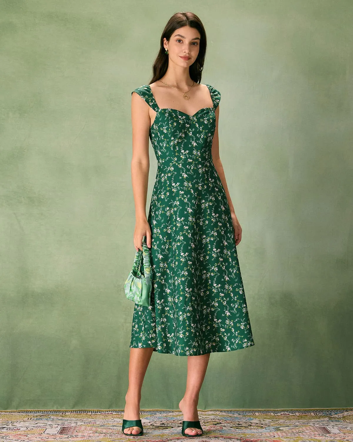 The Green Sweetheart Neck Floral Midi Dress sold by rihoas product image thumbnail 5