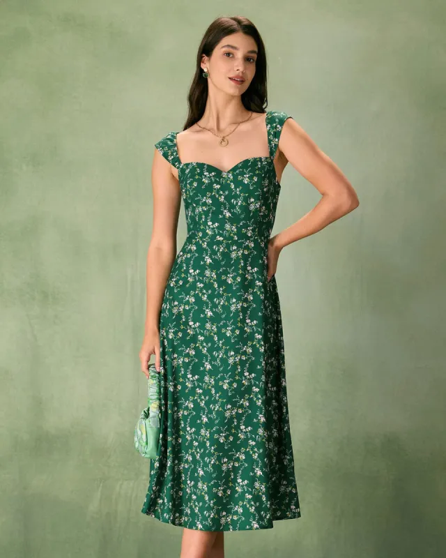 The Green Sweetheart Neck Floral Midi Dress sold by rihoas