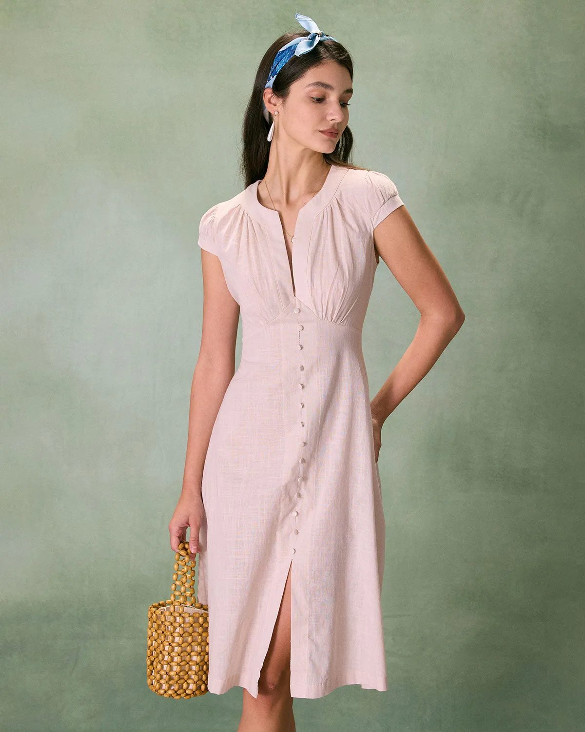 The Beige Cap Sleeve Split Hem Midi Dress sold by rihoas product image thumbnail 4