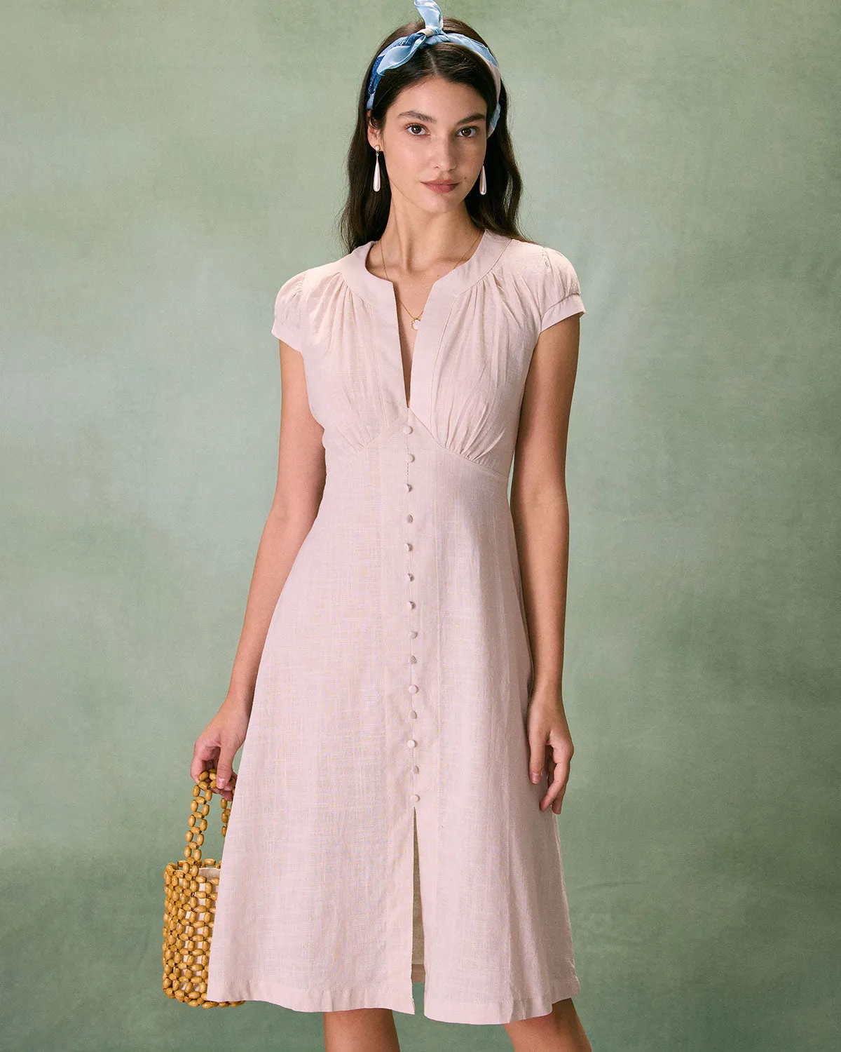 The Beige Cap Sleeve Split Hem Midi Dress sold by rihoas