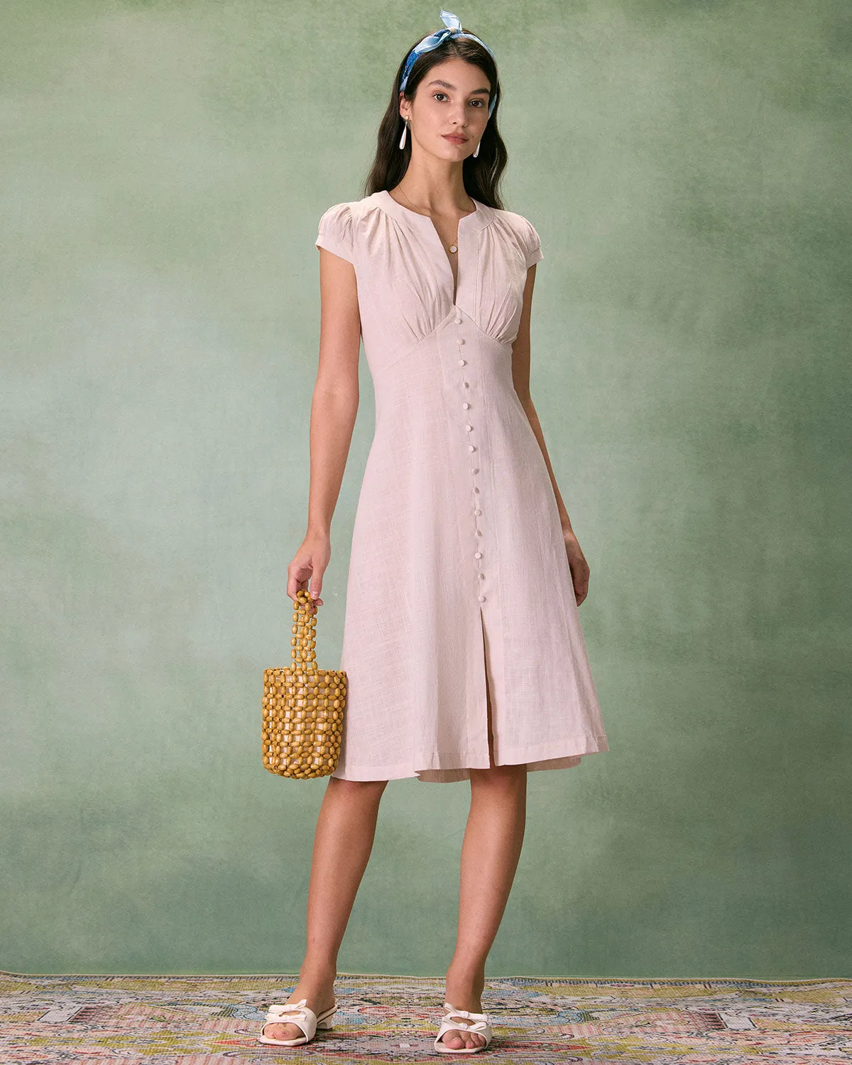 The Beige Cap Sleeve Split Hem Midi Dress sold by rihoas product image thumbnail 5