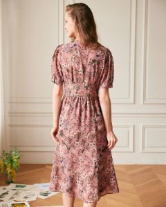 The V Neck Puff Sleeve Retro Midi Dress sold by rihoas