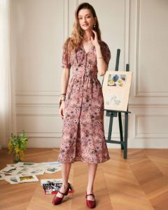 The V Neck Puff Sleeve Retro Midi Dress sold by rihoas