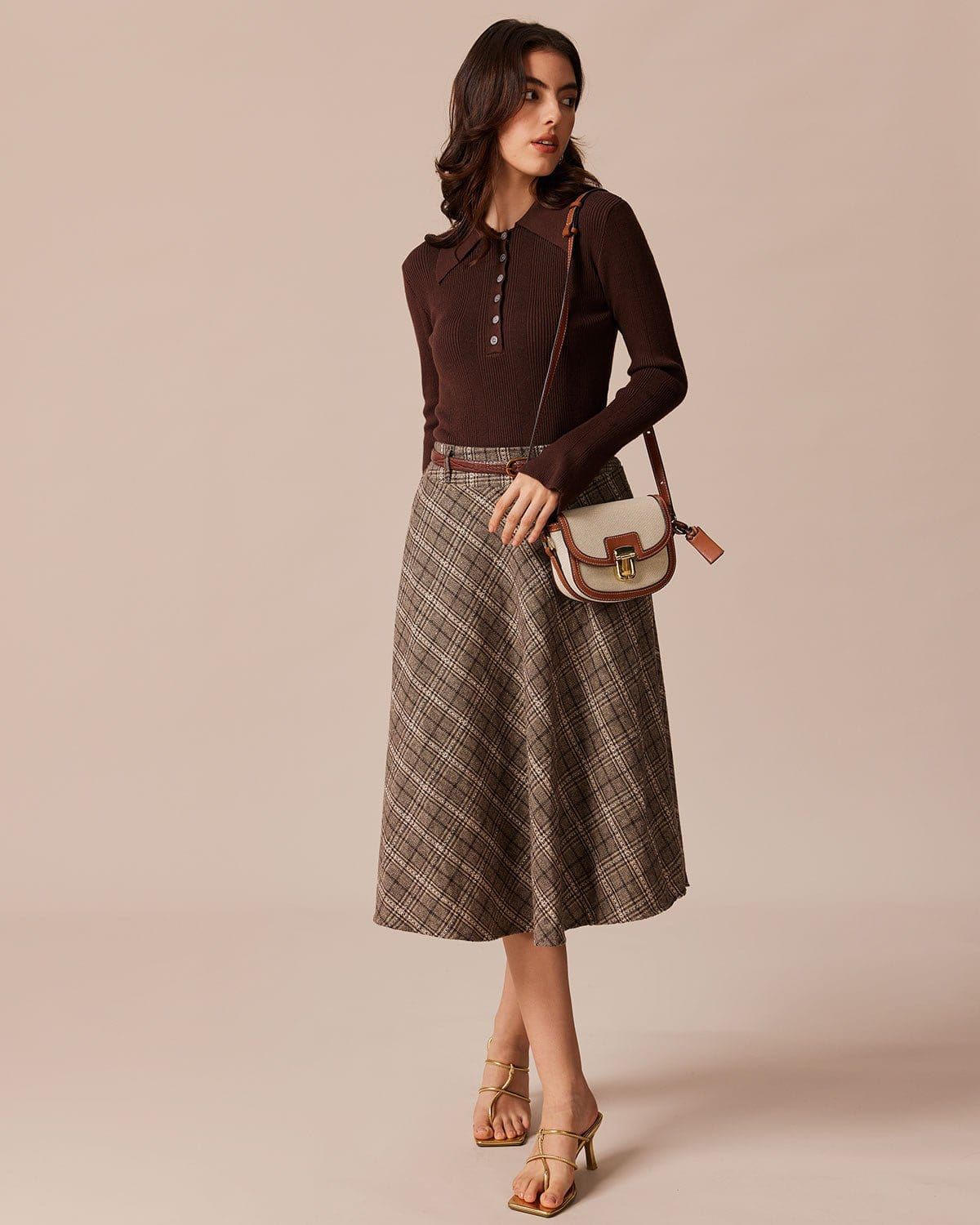 The Brown High Waist Plaid Midi Skirt sold by rihoas product image thumbnail 6