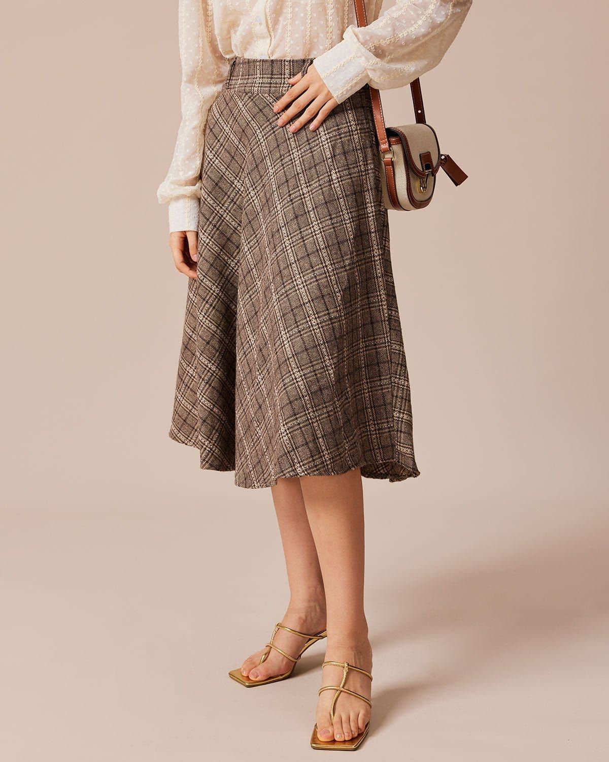 The Brown High Waist Plaid Midi Skirt sold by rihoas product image thumbnail 3