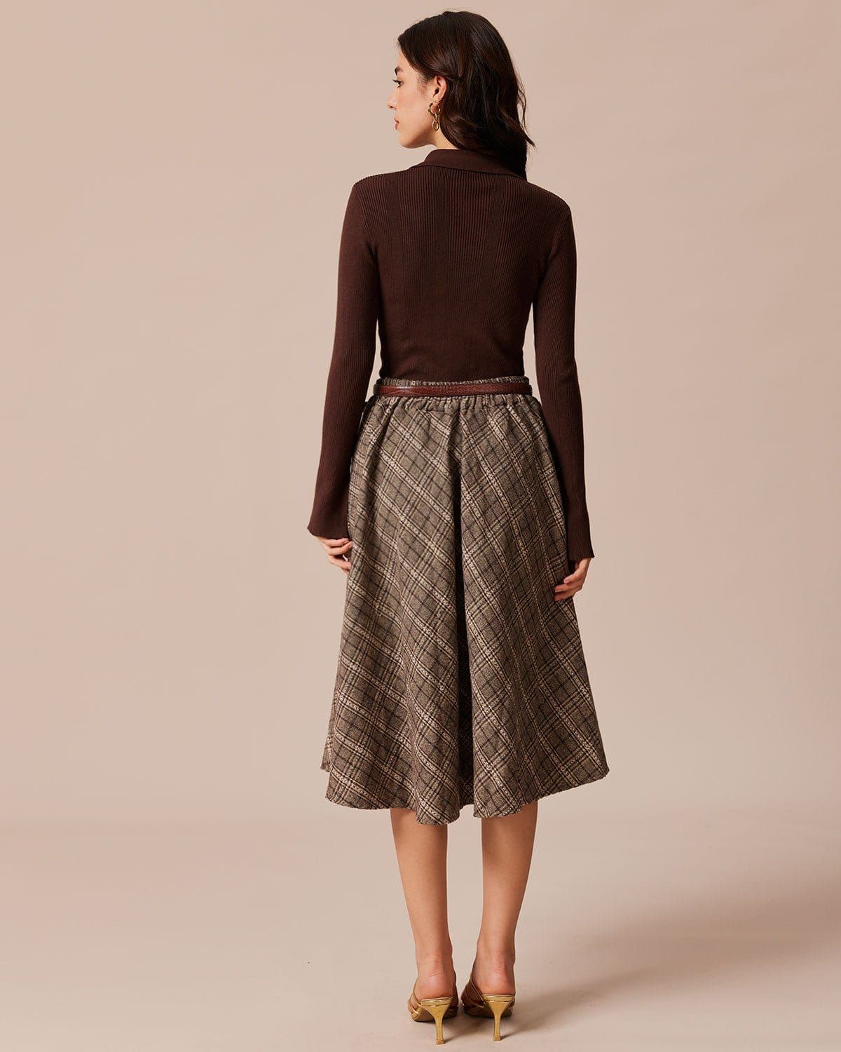 The Brown High Waist Plaid Midi Skirt sold by rihoas product image thumbnail 7