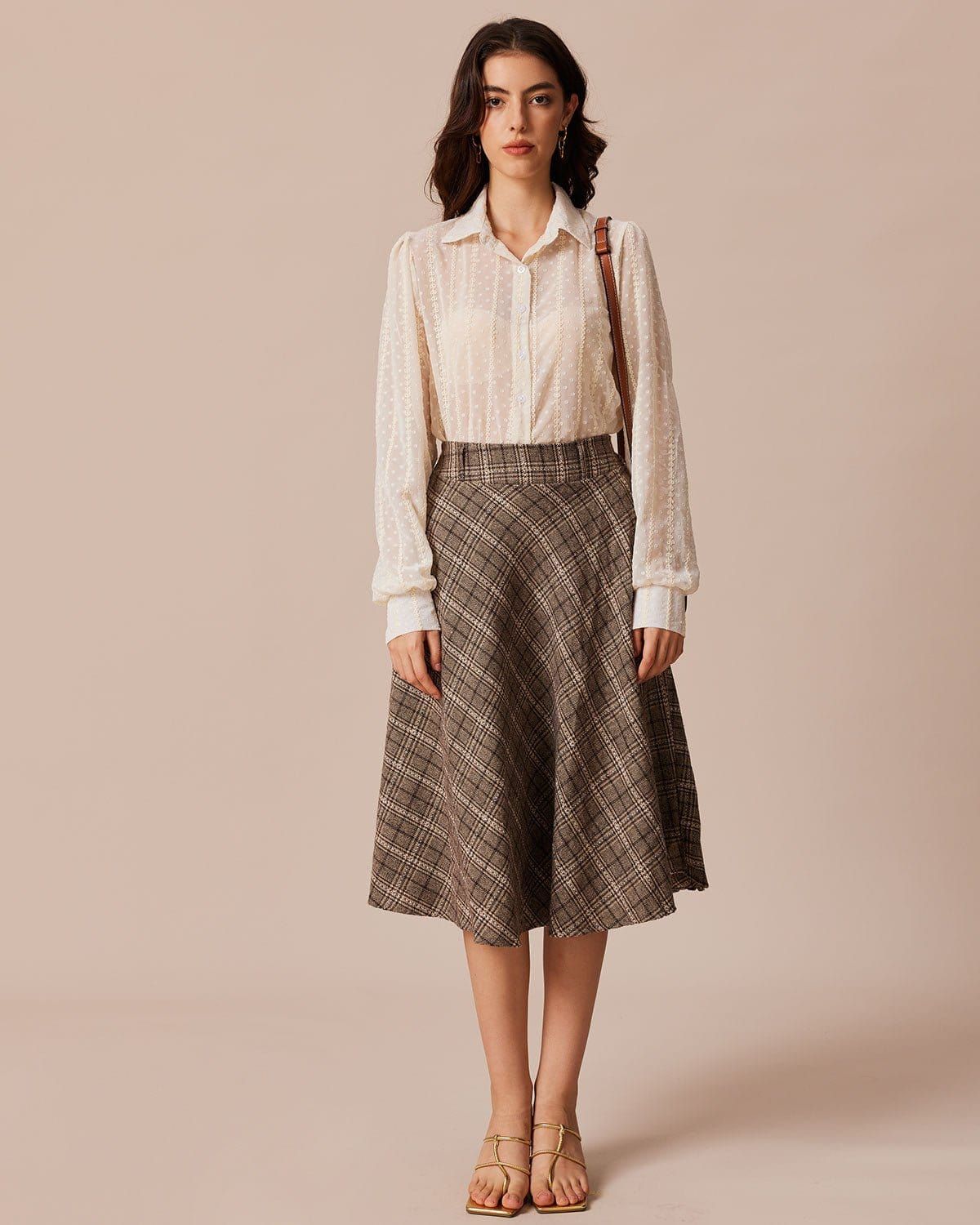 The Brown High Waist Plaid Midi Skirt sold by rihoas product image thumbnail 4
