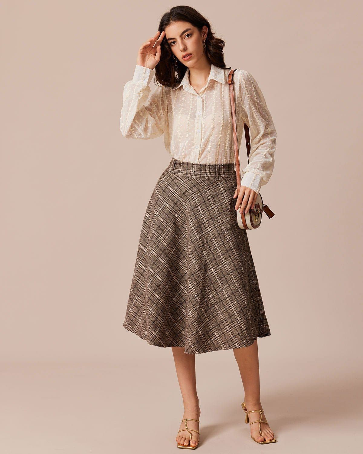 The Brown High Waist Plaid Midi Skirt sold by rihoas