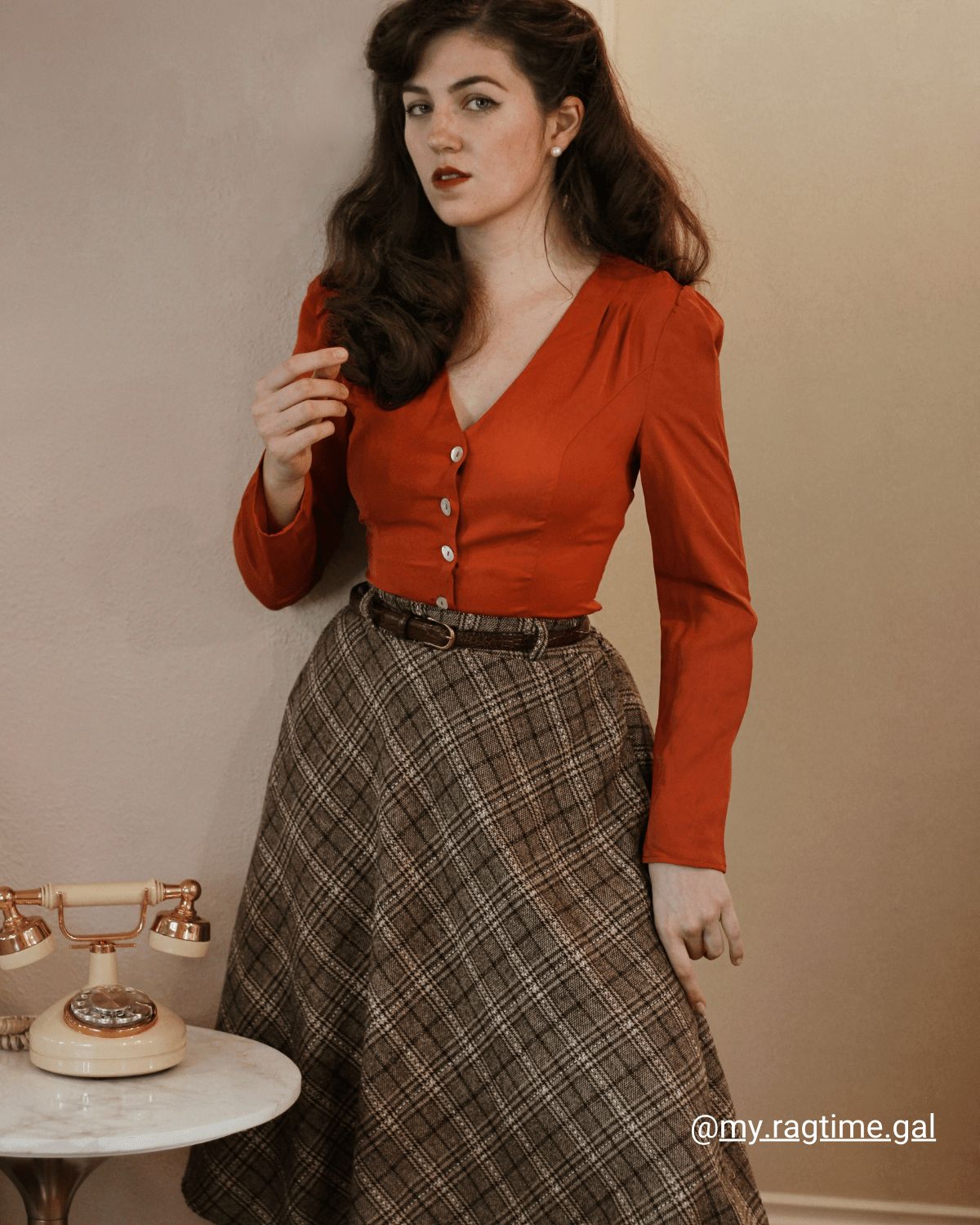 The Brown High Waist Plaid Midi Skirt sold by rihoas product image thumbnail 5