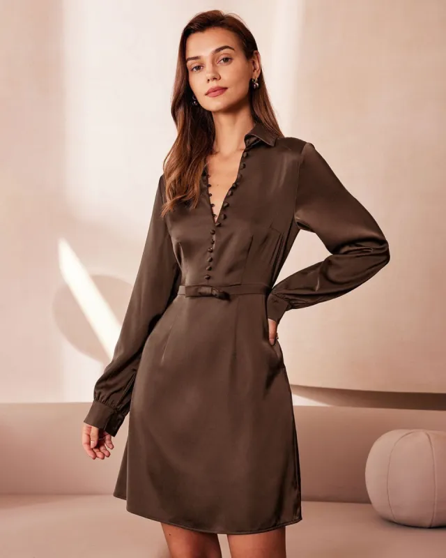 The Brown Shirt Collar Button Satin Mini Dress sold by rihoas