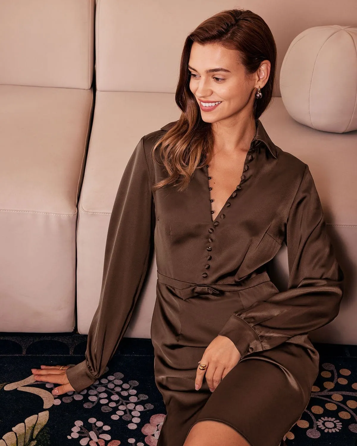 The Brown Shirt Collar Button Satin Mini Dress sold by rihoas product image thumbnail 5