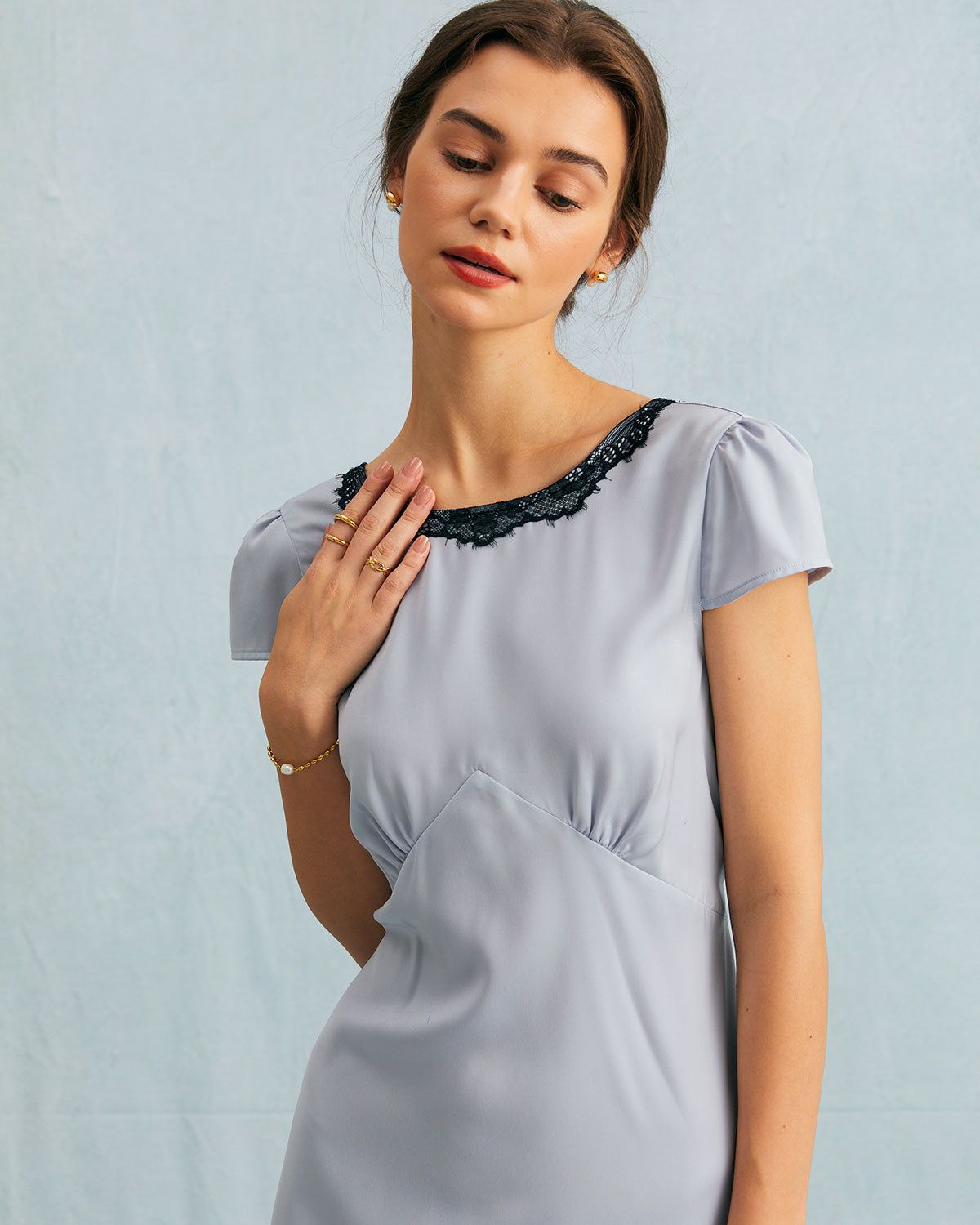 The Blue Round Neck Lace Trim Satin Midi Dress sold by rihoas product image thumbnail 3