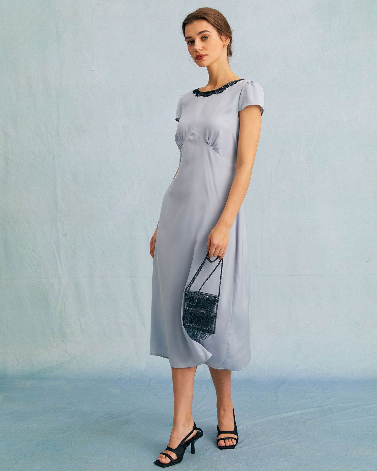 The Blue Round Neck Lace Trim Satin Midi Dress sold by rihoas