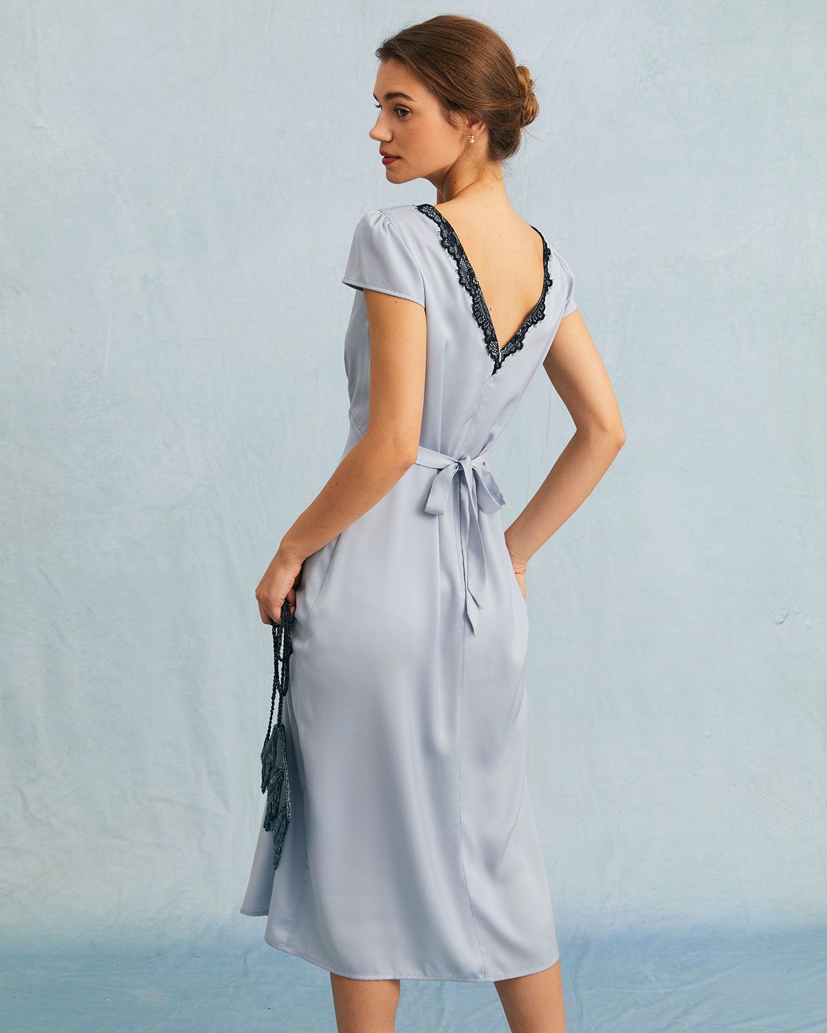 The Blue Round Neck Lace Trim Satin Midi Dress sold by rihoas product image thumbnail 5