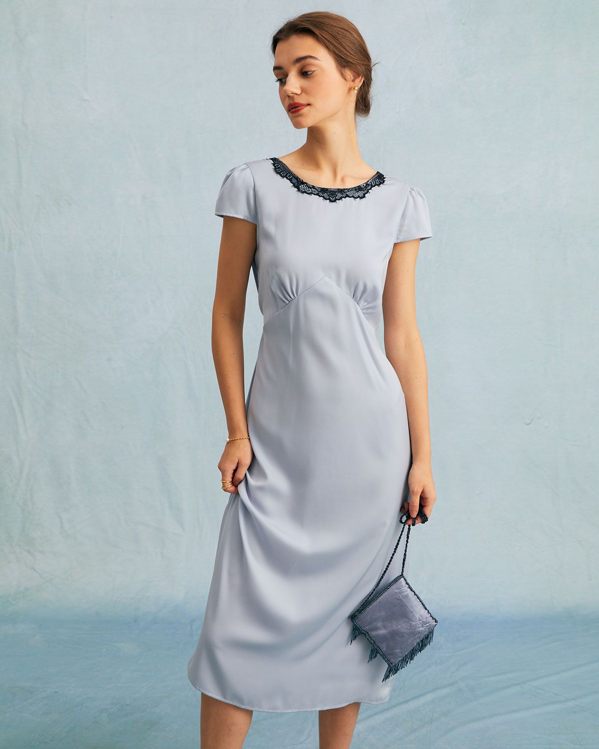 The Blue Round Neck Lace Trim Satin Midi Dress sold by rihoas product image thumbnail 2