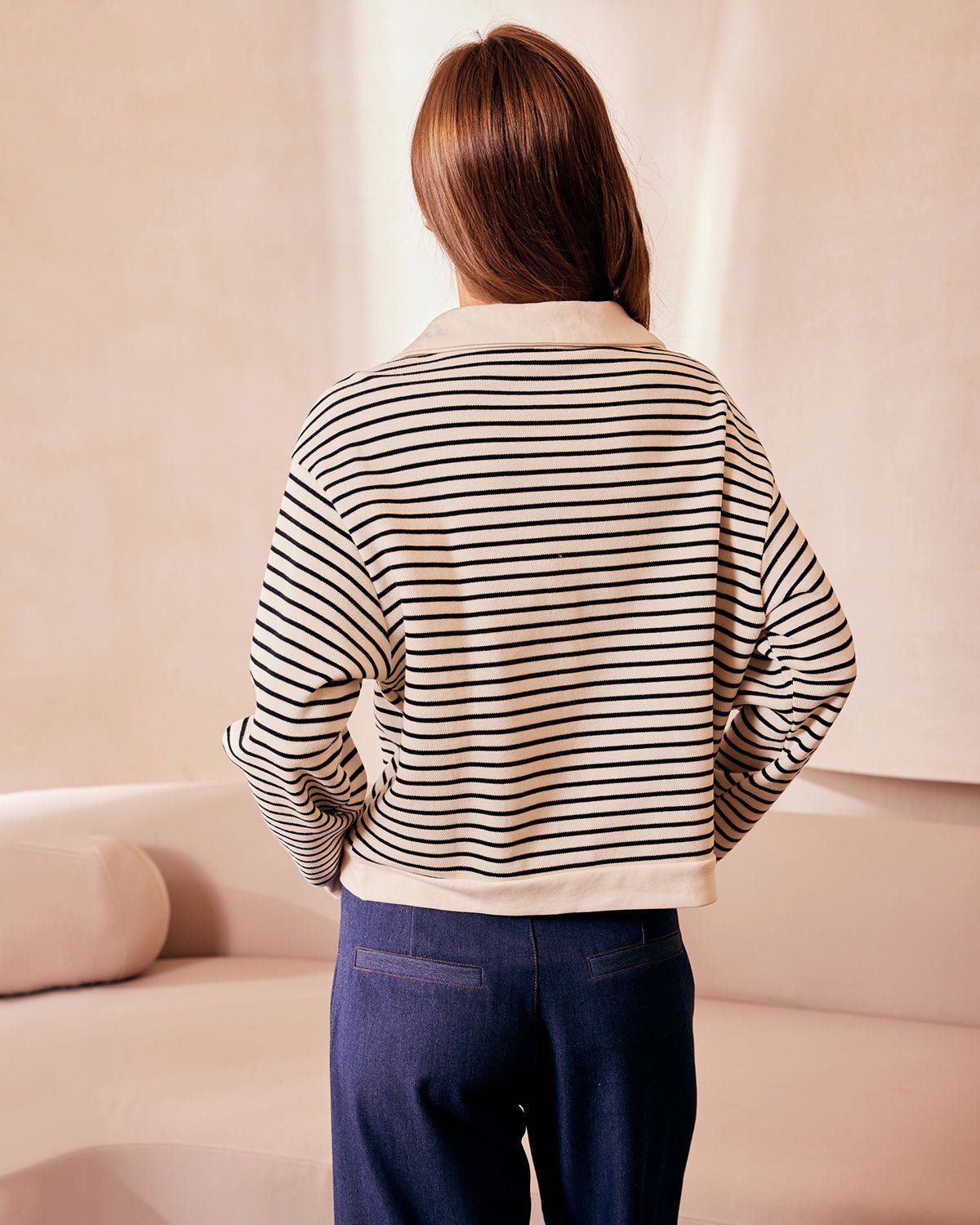 The Apricot Lapel Scalloped Striped Sweatshirt sold by rihoas product image thumbnail 5