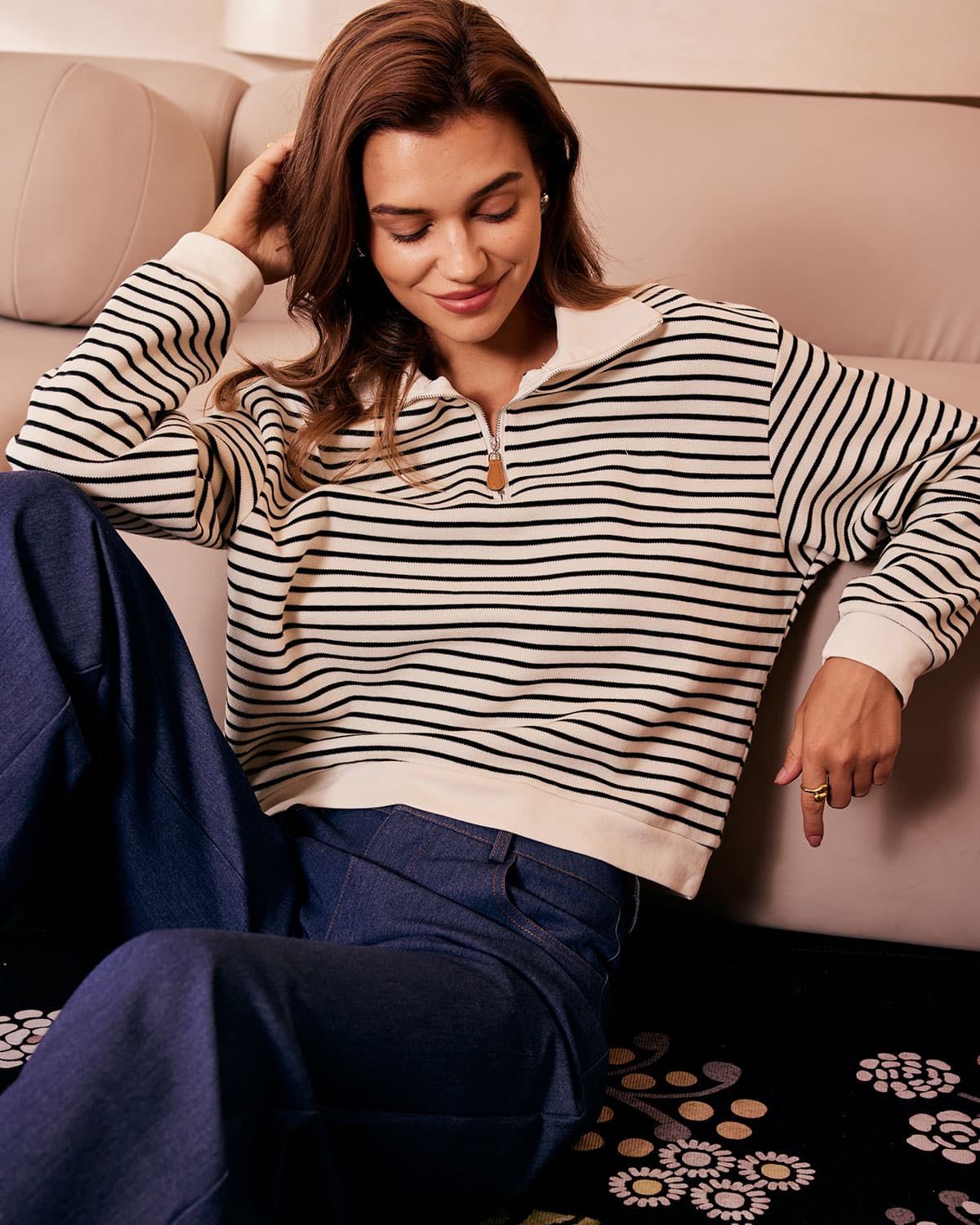 The Apricot Lapel Scalloped Striped Sweatshirt sold by rihoas