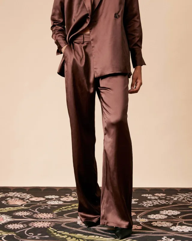 The Brown Solid Pleated Satin Straight Pants sold by rihoas
