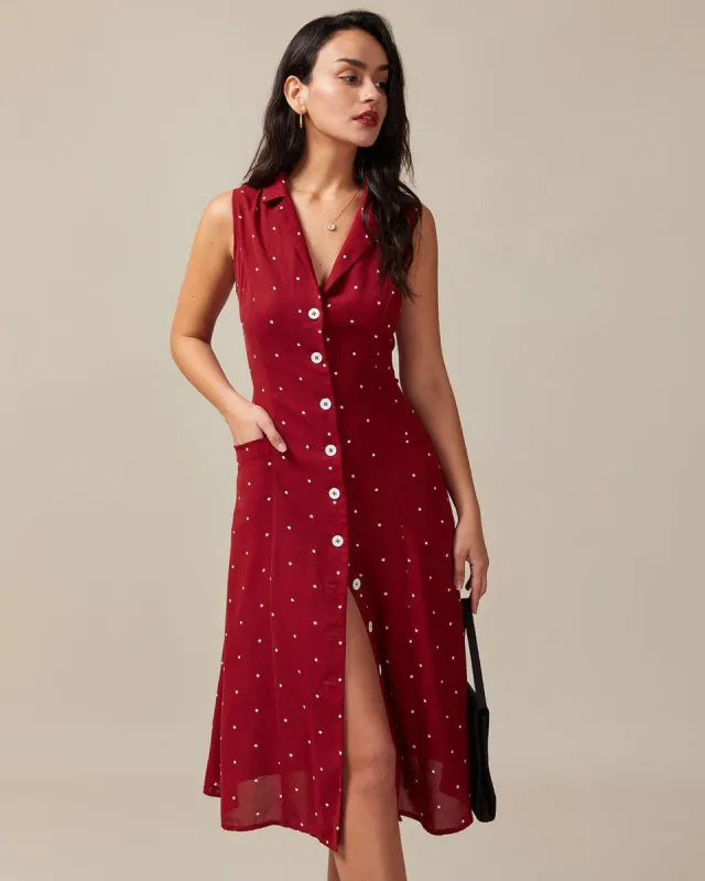 The Red V Neck Polka Dot Tie Back Midi Dress sold by rihoas