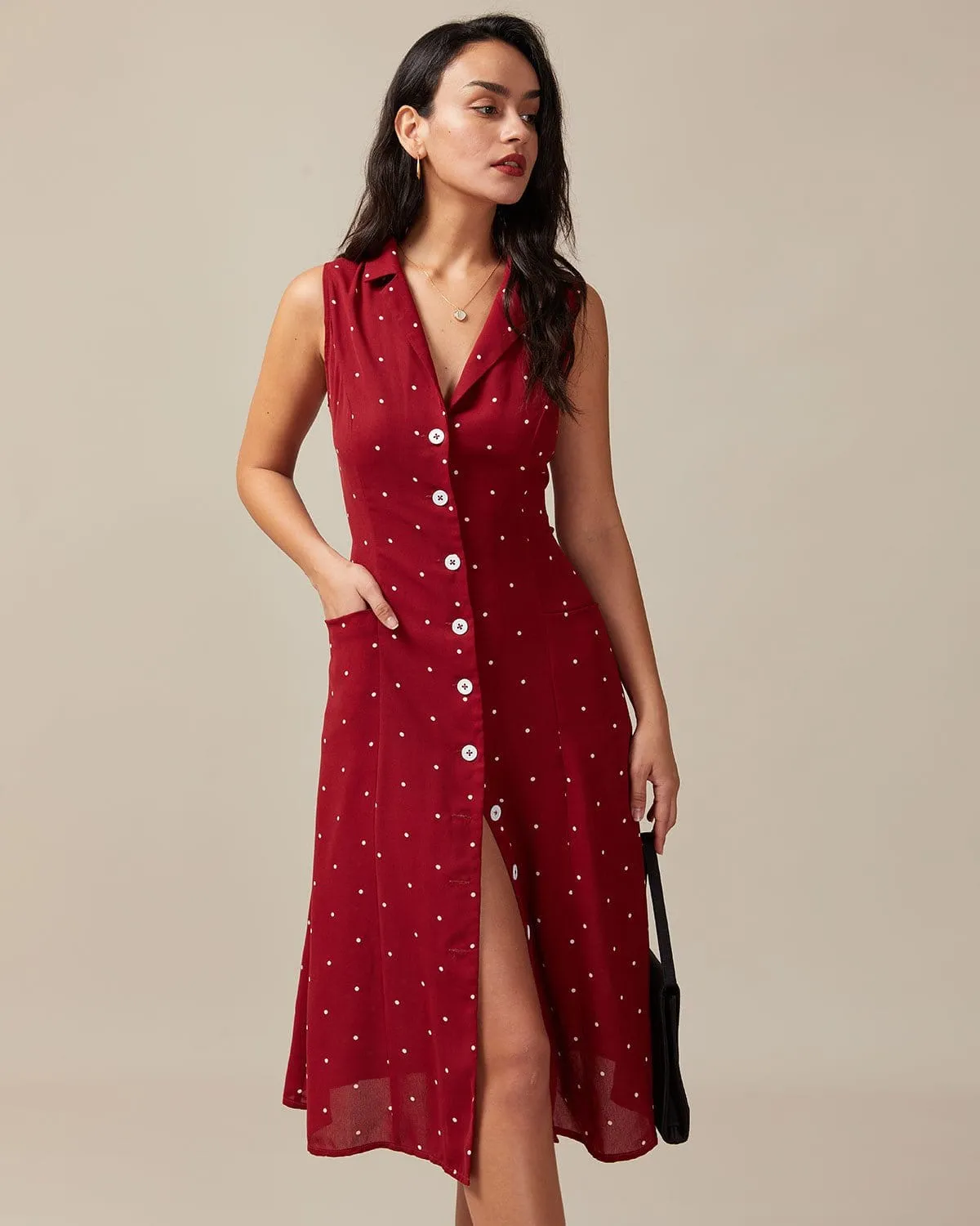 The Red V Neck Polka Dot Tie Back Midi Dress sold by rihoas