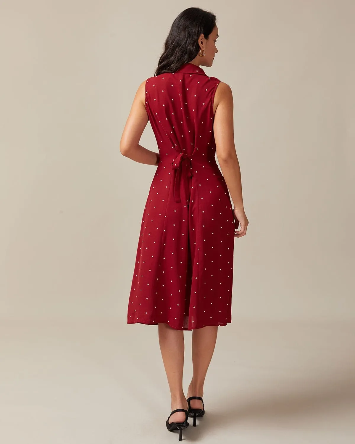 The Red V Neck Polka Dot Tie Back Midi Dress sold by rihoas product image thumbnail 5