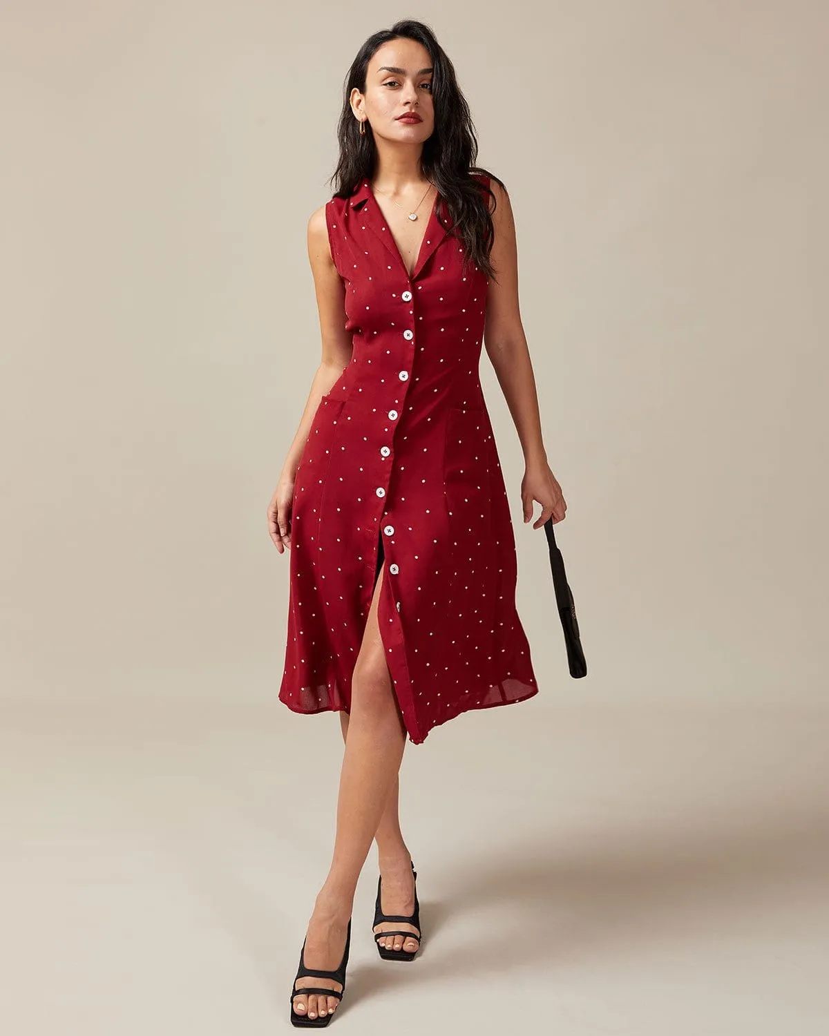 The Red V Neck Polka Dot Tie Back Midi Dress sold by rihoas product image thumbnail 2