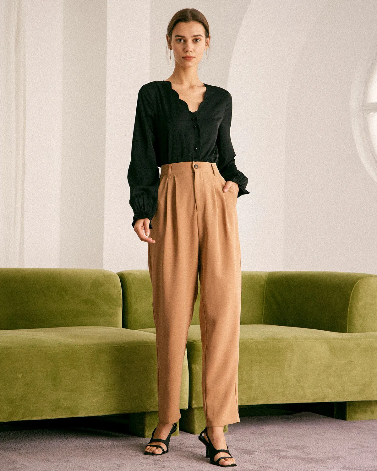 The Khaki High Waisted Pleated Tapered Pants sold by rihoas product image thumbnail 3