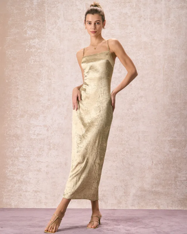 The Apricot Sleeveless Split Satin Maxi Dress sold by rihoas
