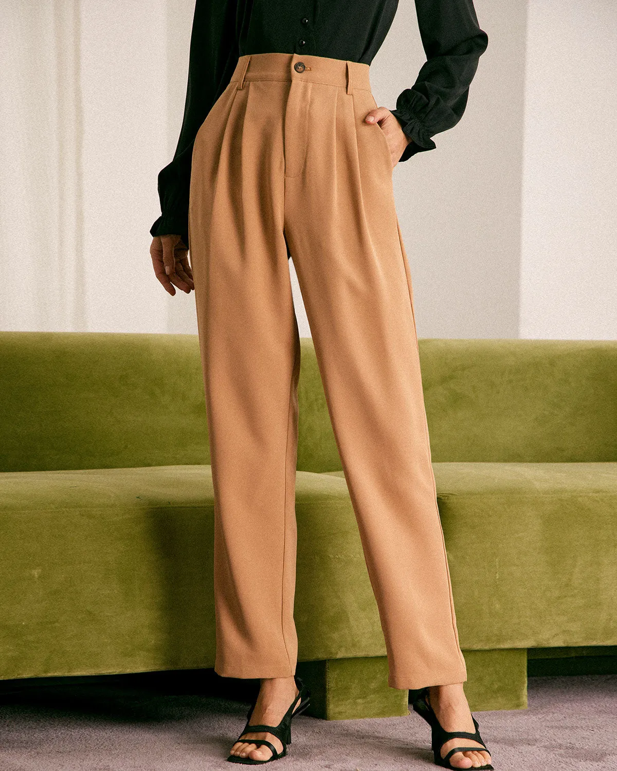 The Khaki High Waisted Pleated Tapered Pants sold by rihoas