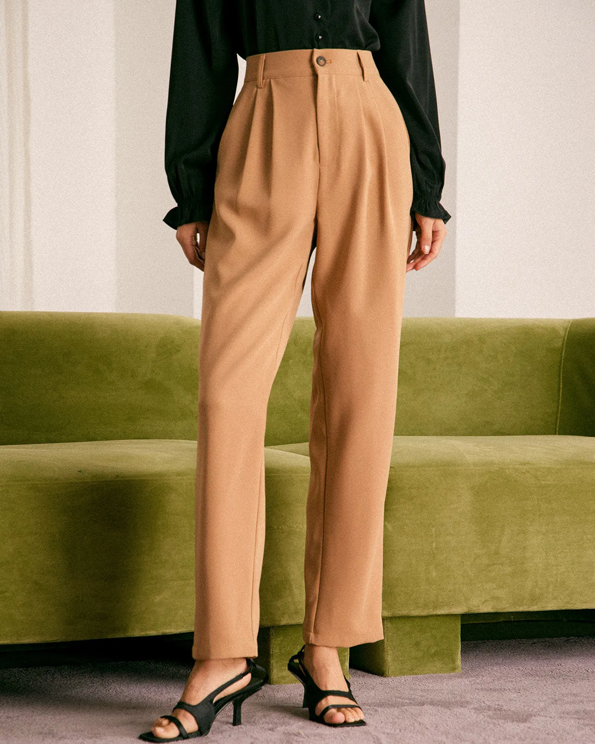 The Khaki High Waisted Pleated Tapered Pants sold by rihoas product image thumbnail 4