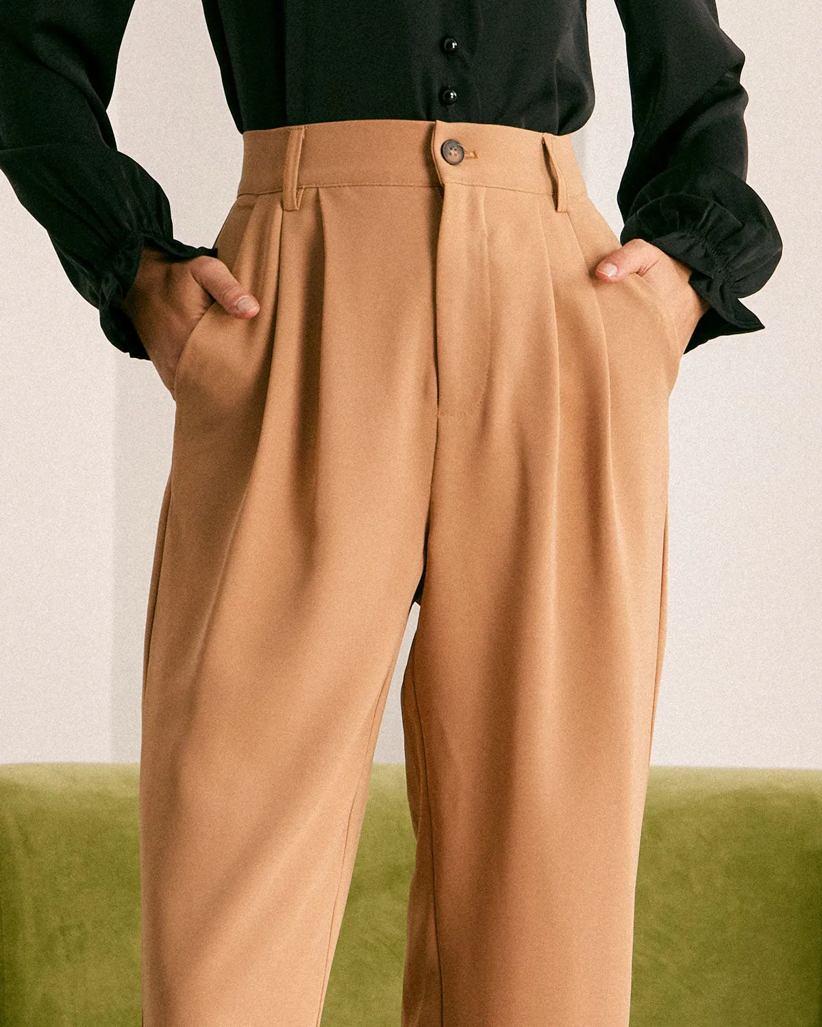 The Khaki High Waisted Pleated Tapered Pants sold by rihoas product image thumbnail 2