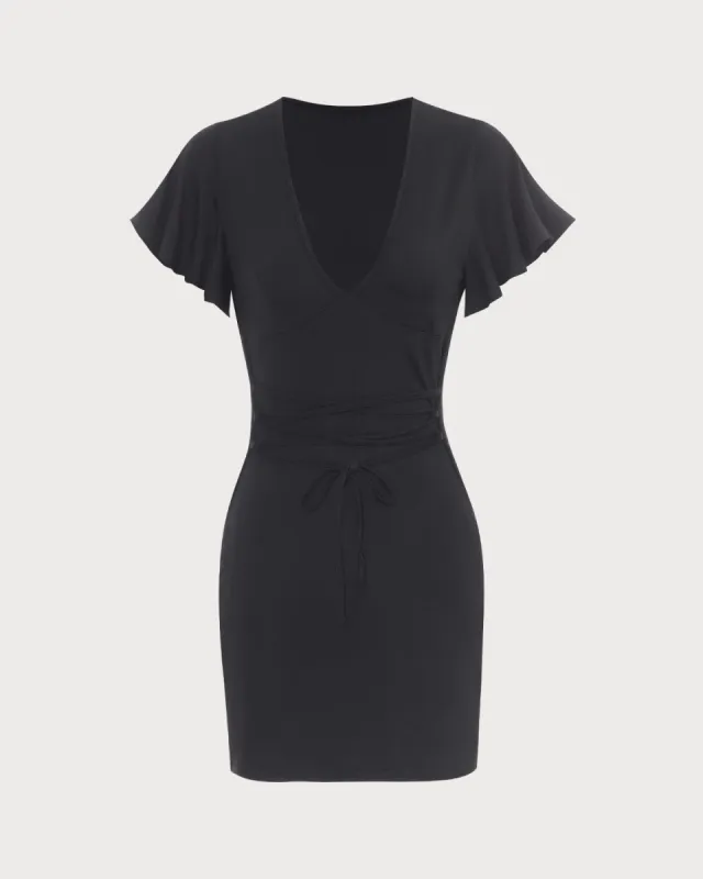 The Black V Neck Butterfly Sleeve Bodycon Flounce Mini Dress made by rihoas