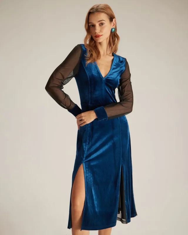 The Blue V Neck Velvet Mesh Midi Dress sold by rihoas