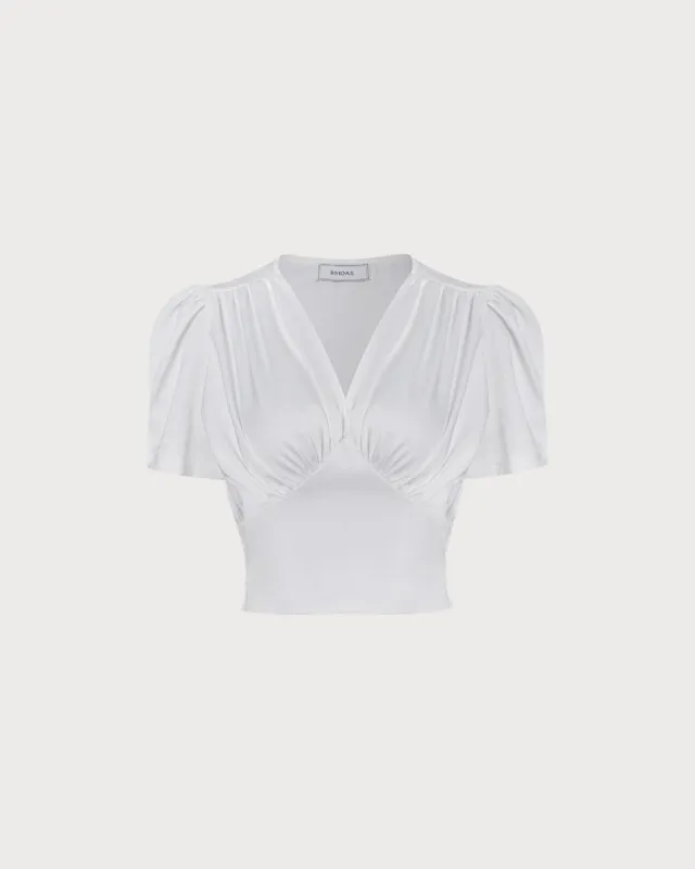 The White Puff Sleeve V Neck Ruched Blouse sold by rihoas