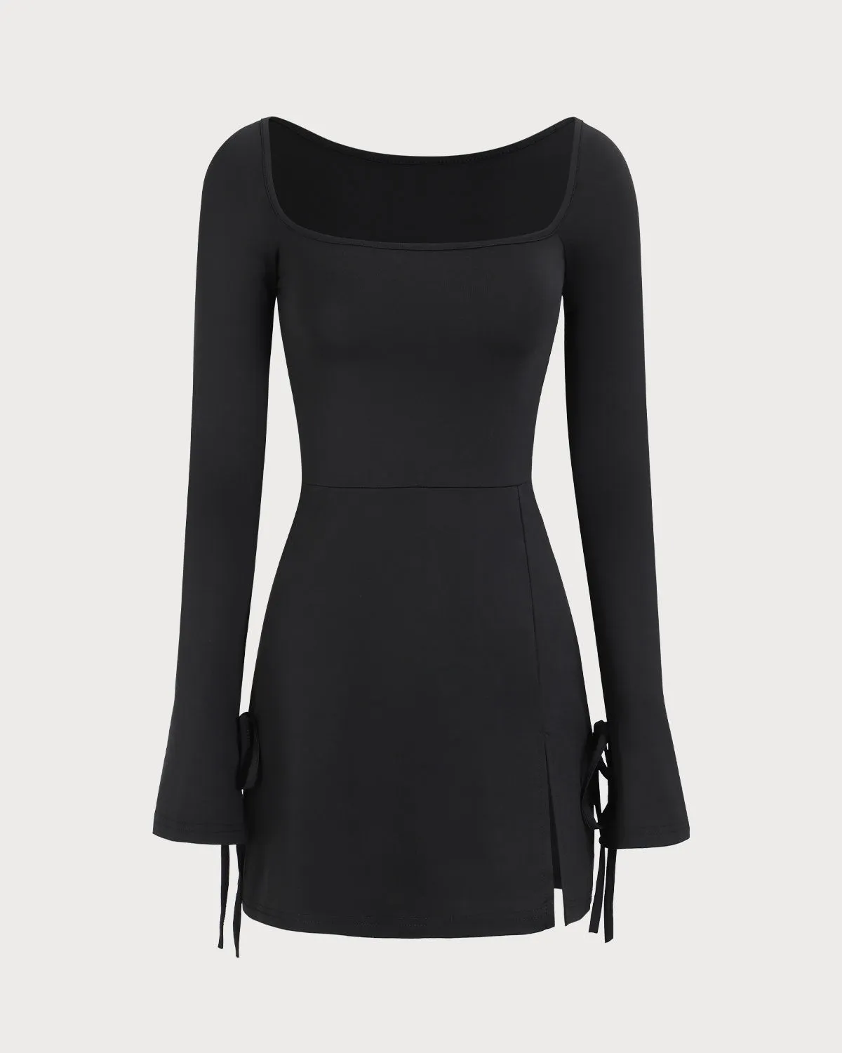 Women's Black Square Neck Knitted Long Sleeve Mini Dress sold by rihoas