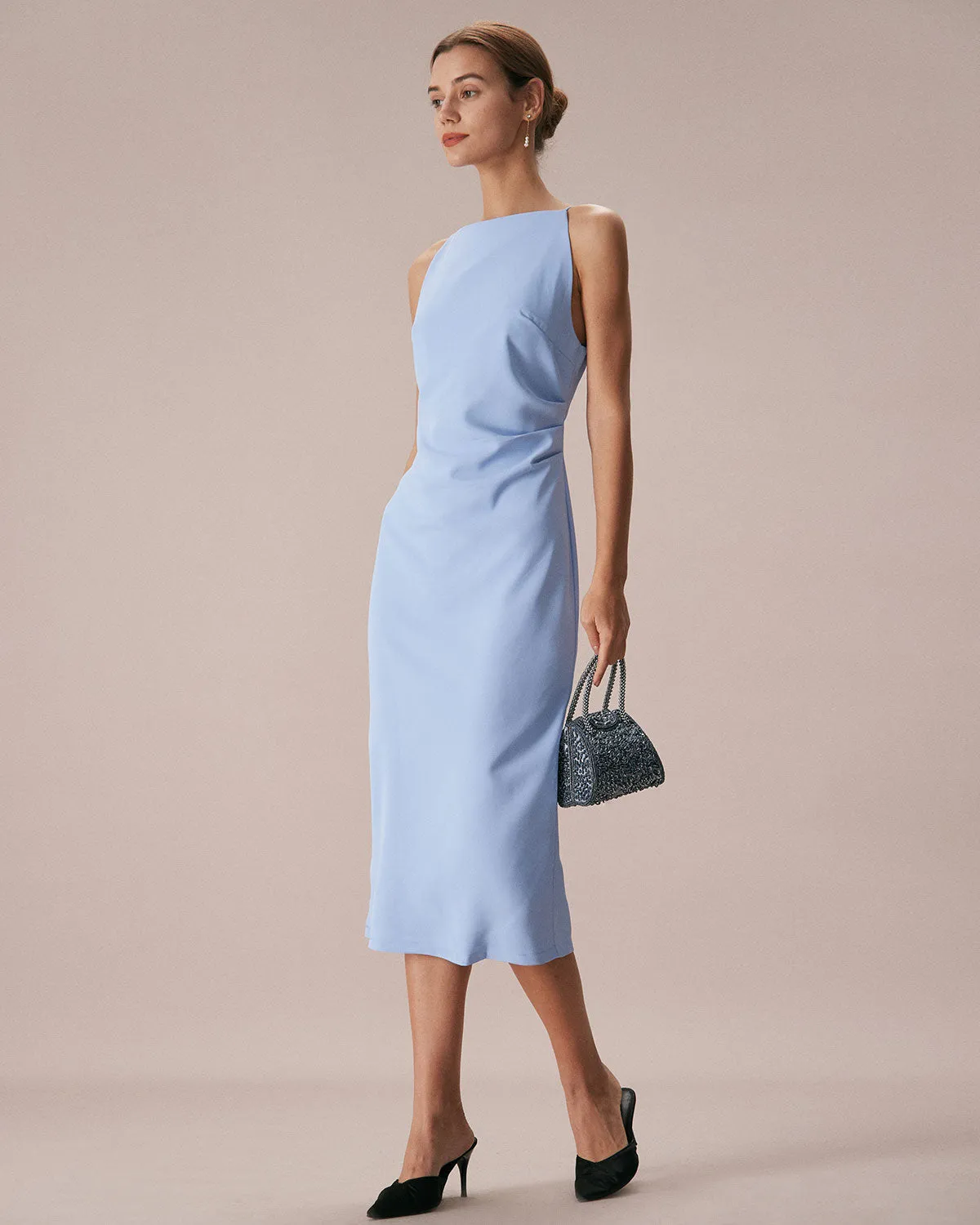 The Blue Boat Neck Bodycon Strap Midi Dress sold by rihoas product image thumbnail 5
