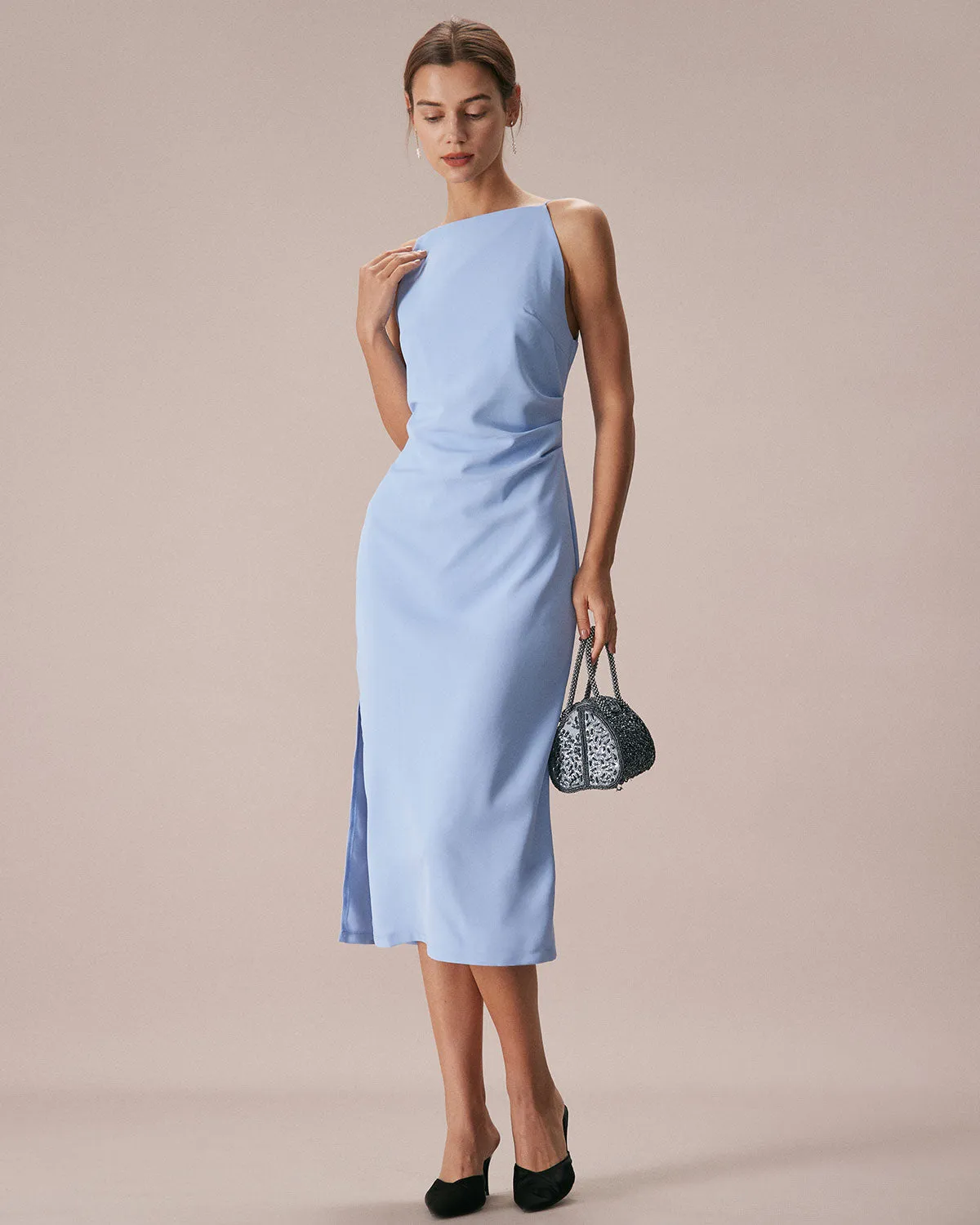 The Blue Boat Neck Bodycon Strap Midi Dress sold by rihoas product image thumbnail 3
