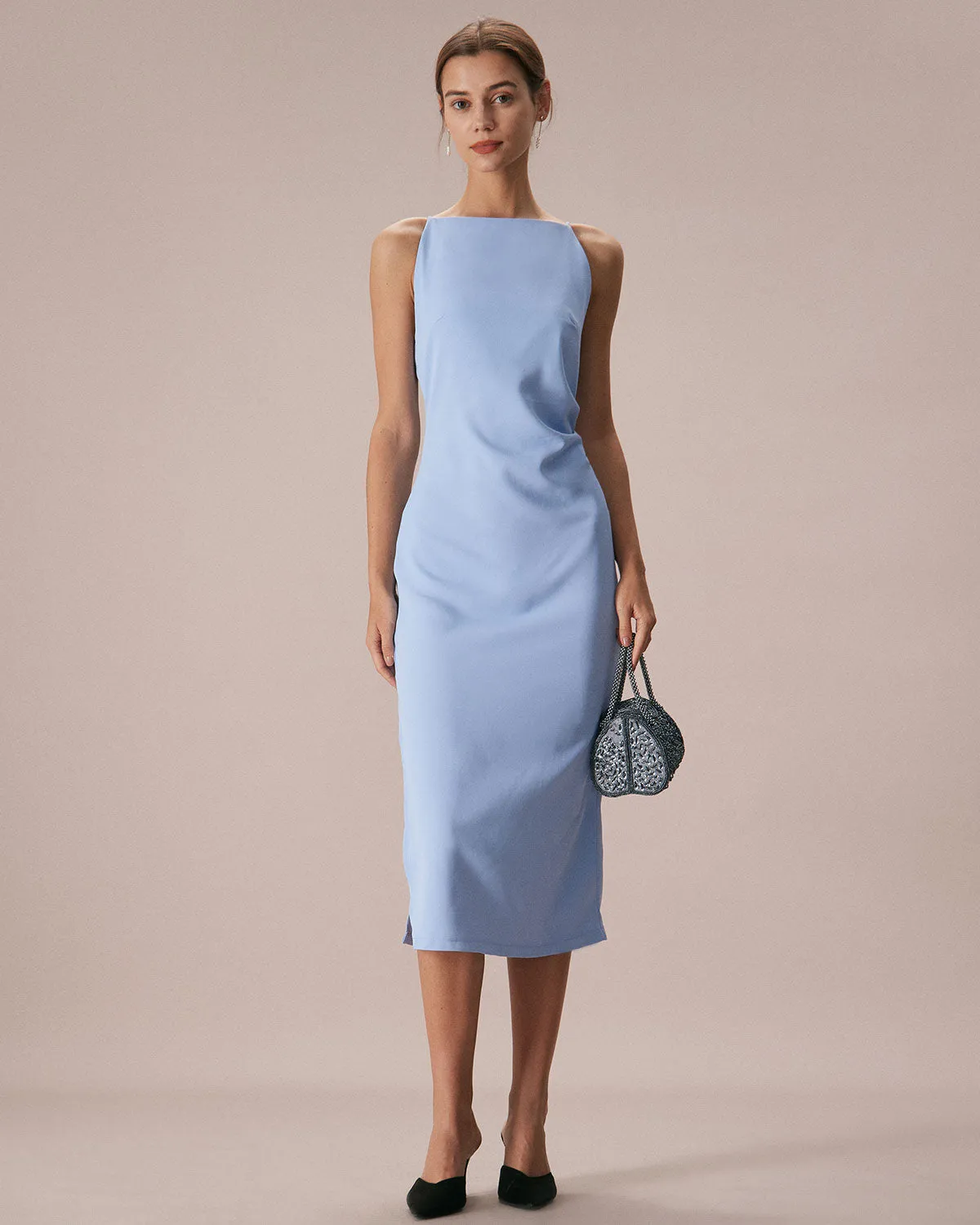 The Blue Boat Neck Bodycon Strap Midi Dress sold by rihoas product image thumbnail 4
