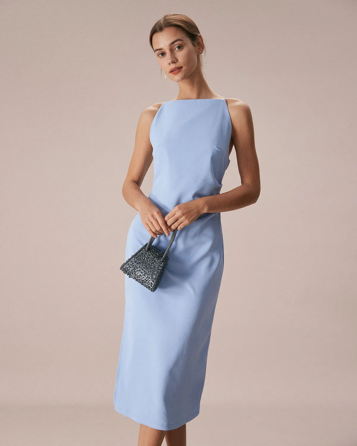 The Blue Boat Neck Bodycon Strap Midi Dress sold by rihoas