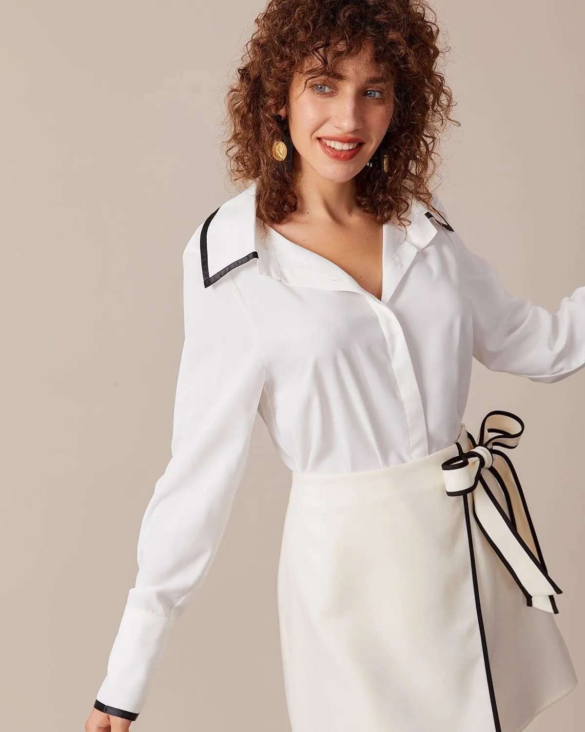 The White Lapel Contrast Button Up Shirt sold by rihoas product image thumbnail 3