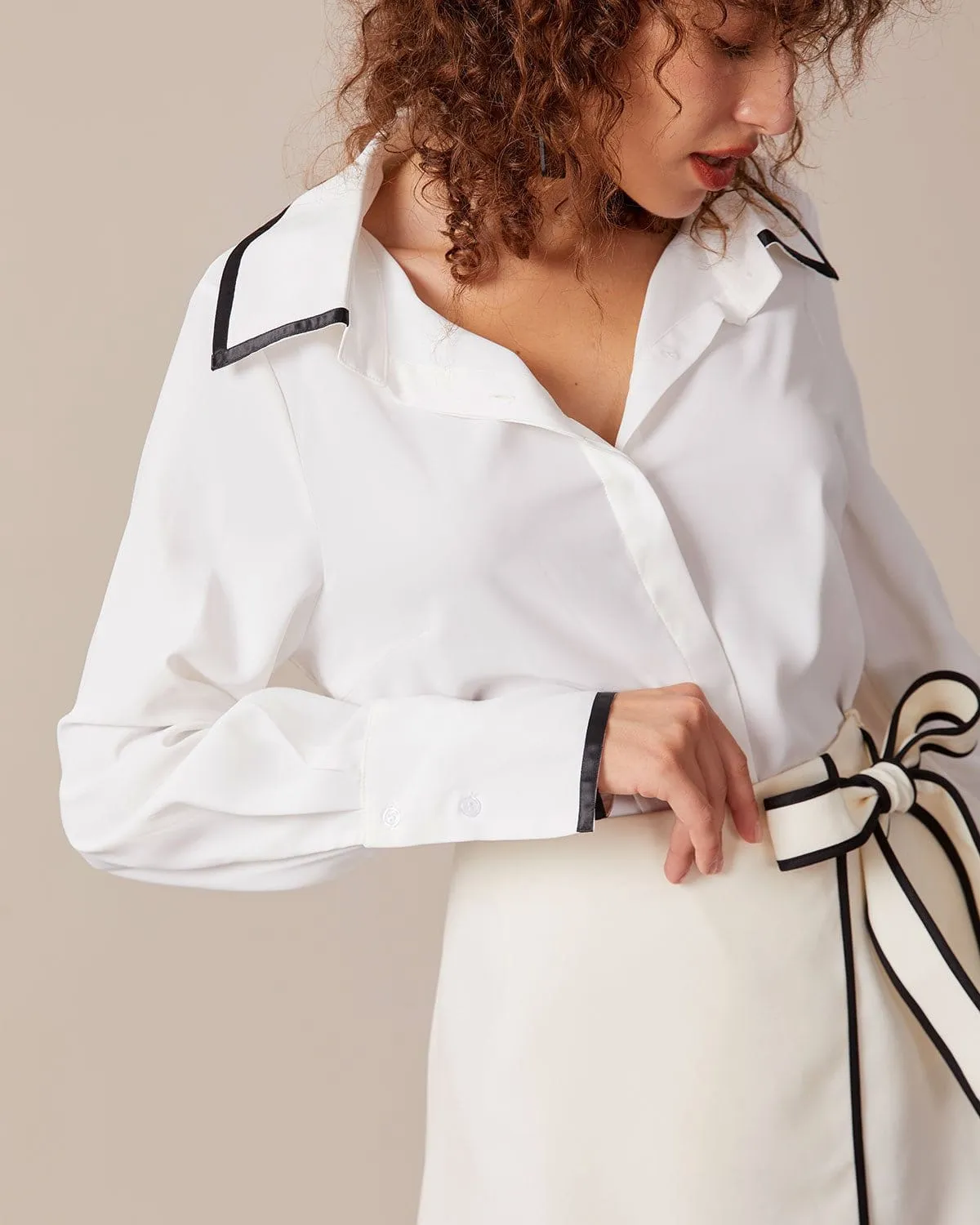 The White Lapel Contrast Button Up Shirt sold by rihoas product image thumbnail 4