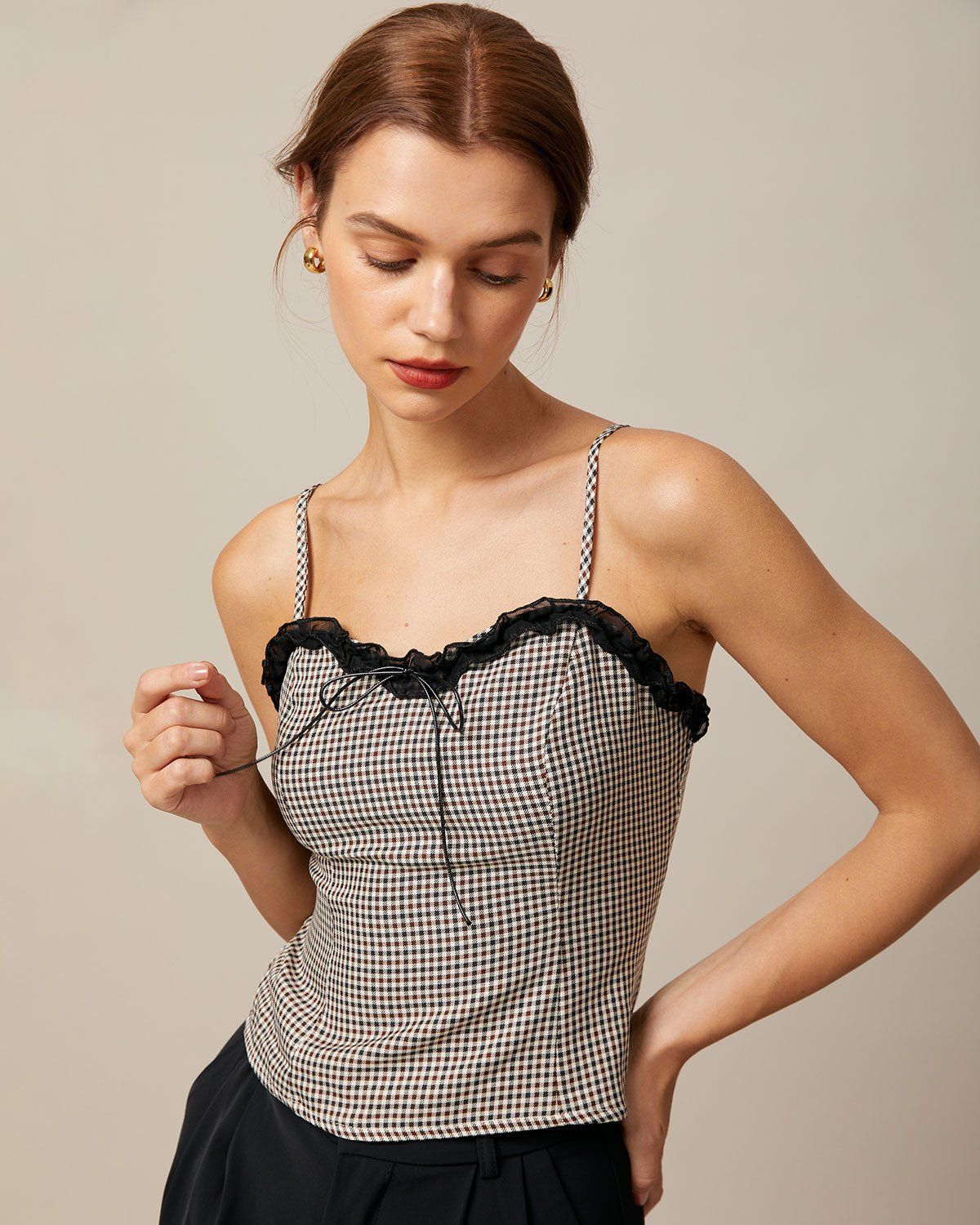 The Brown Sweetheart Neck Plaid Cami Top sold by rihoas product image thumbnail 4