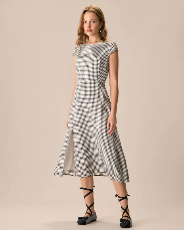 The Black Round Neck Cap Sleeve Plaid Midi Dress sold by rihoas
