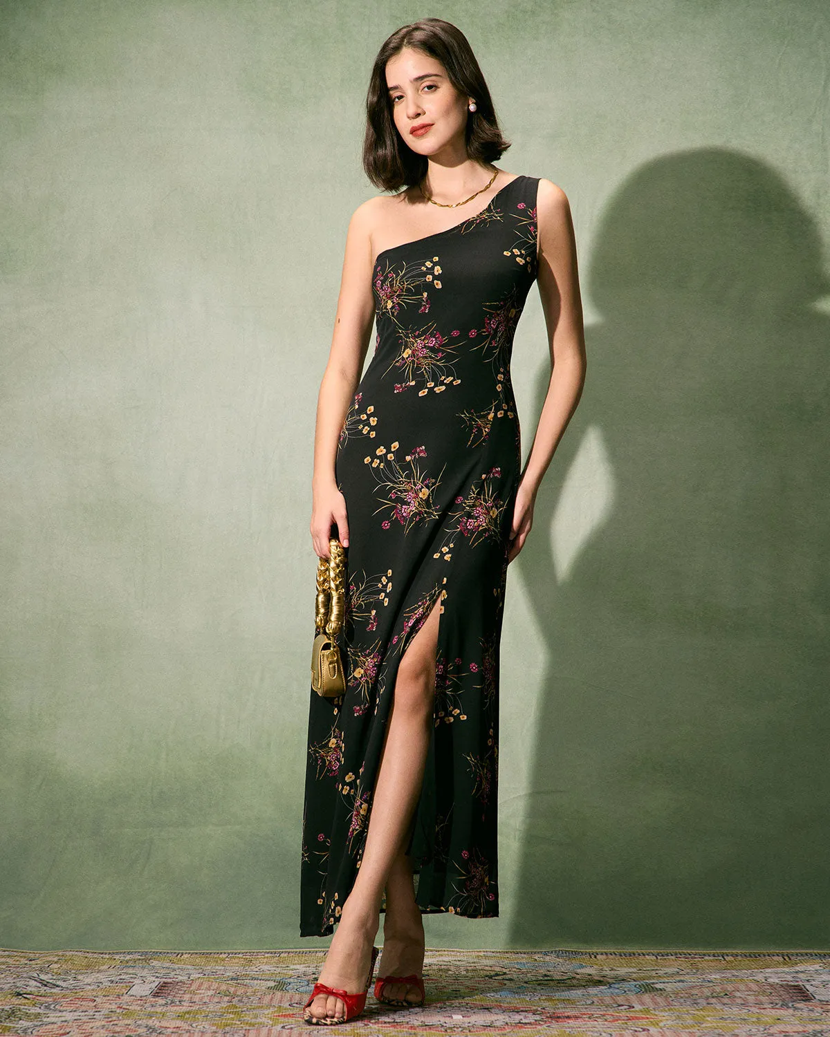 The Black One-Shoulder Floral Slit Maxi Dress sold by rihoas