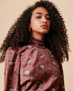 The Mock Neck Ruched Floral Satin Midi Dress sold by rihoas