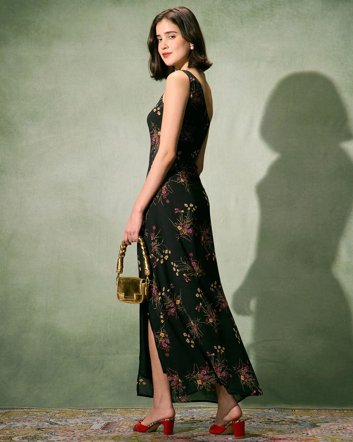 The Black One-Shoulder Floral Slit Maxi Dress sold by rihoas product image thumbnail 5