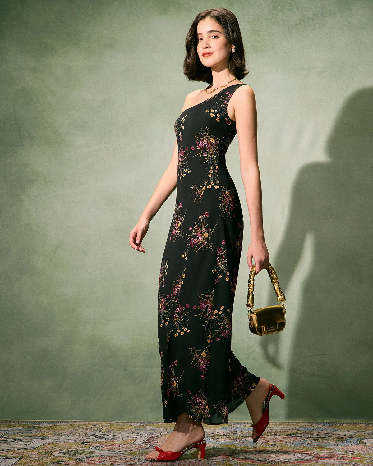 The Black One-Shoulder Floral Slit Maxi Dress sold by rihoas product image thumbnail 3