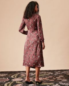 The Mock Neck Ruched Floral Satin Midi Dress sold by rihoas